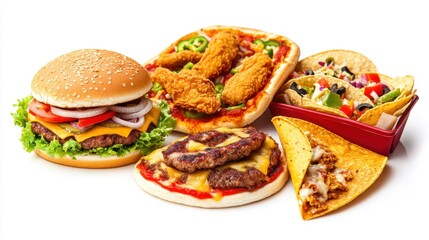 A variety of fast food items including a cheeseburger, fried chicken, pizza slice, and tacos, 