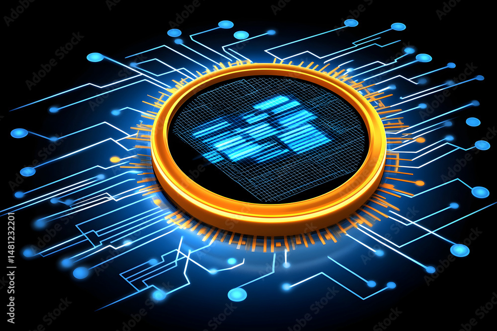 Aufkleber futuristic digital data processing; glowing circuit board, abstract technology background.