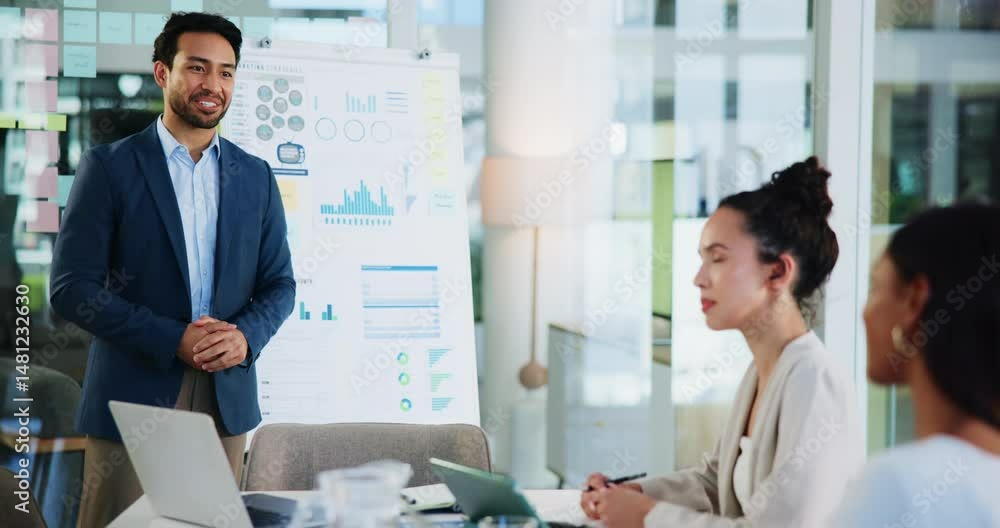Poster Businessman, presentation and speaker with graphs for administration, research or data in office. Applause, success and review in workplace for profit feedback, problem solving or whiteboard report