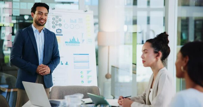 Businessman, presentation and speaker with graphs for administration, research or data in office. Applause, success and review in workplace for profit feedback, problem solving or whiteboard report