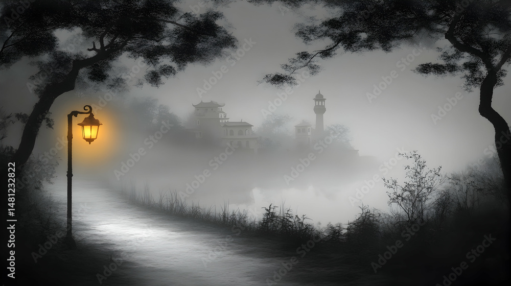 Poster mysterious foggy path leading to a distant temple, illuminated by a single lamppost. a serene yet sl