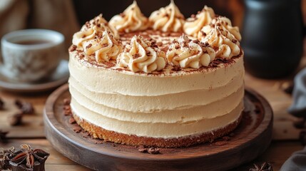 Frosted Layer Cake on Wood Platter with Tea