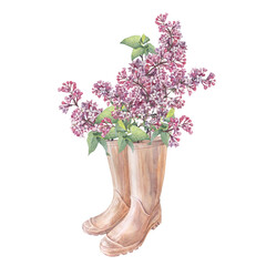Watercolor lilac in beige rubber boots isolated on white background. Spring hand-drawn purple flower with leaves for wedding celebration card. Botanical summer clipart for wallpaper and sketchbook