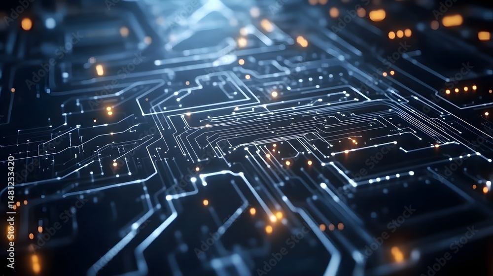 Poster intricate digital circuit board pattern in technology style.