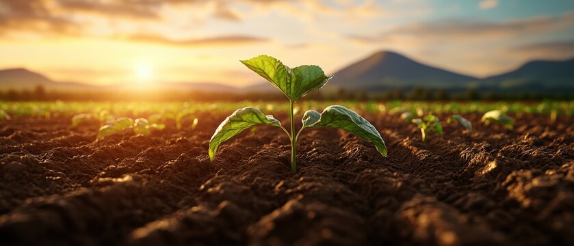 A young plant sprouts from fertile soil at sunrise, promising a bountiful harvest in the future.