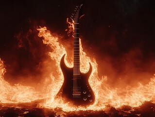 Flaming guitar stands majestically against a backdrop of fiery flames and dark smoke in a dramatic display of power and energy