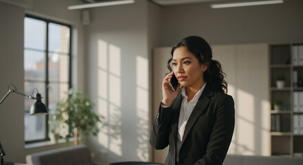 Focused businesswoman on phone call sunlight streams through office window serious expression modern