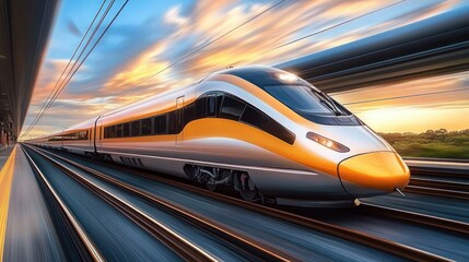 Fototapeta premium Modern sleek high-speed train moving rapidly on tracks during vibrant sunset with colorful sky and motion blur