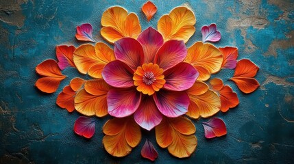 Vibrant arrangement of orange and purple flowers with detailed petals on textured blue background evoking warmth and creativity