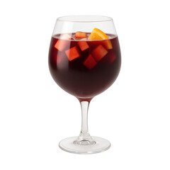 Single classic wine glass filled with dark red sangria and fruit pieces on transparent background