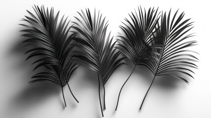 Close-up of five black palm leaves arranged against a white background with visible shadows creating depth and contrast