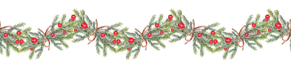 Watercolor seamless border with green Christmas tree branch and red berry on white background. Forest and bow for sticker or card. Hand-drawn rim for New Year celebration wrapping or wallpaper © NatashaKun