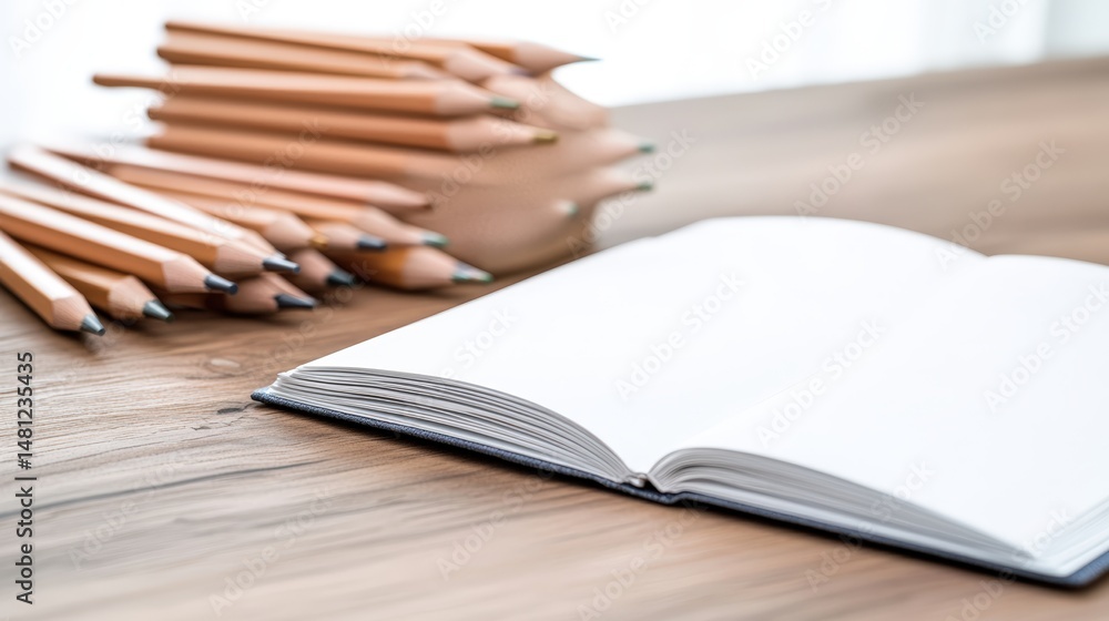 Aufkleber blank open notebook resting on a wooden desk accompanied by a group of unened graphite pencils.