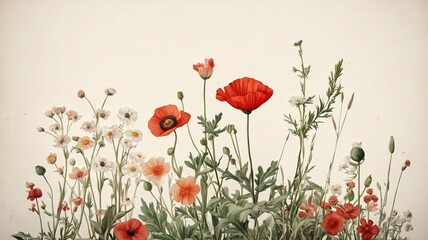 Aged Botanical Illustration of Pressed Red Poppies and White Daisies