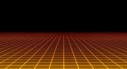 A minimalist 3D render of an orange and yellow glowing grid extending infinitely into a dark digital space, capturing a classic retro-futuristic aesthetic.