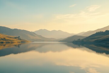 Fototapeta premium A breathtaking view of a serene mountain landscape at sunrise, with golden light illuminating the peaks and a calm lake reflecting the scenery. Perfect for use in travel marketing, nature blogs