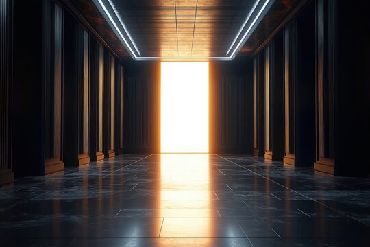 Dark corridor with marble floor and tall columns illuminated by a bright glowing rectangular doorway at the end, creating a mysterious and dramatic atmosphere