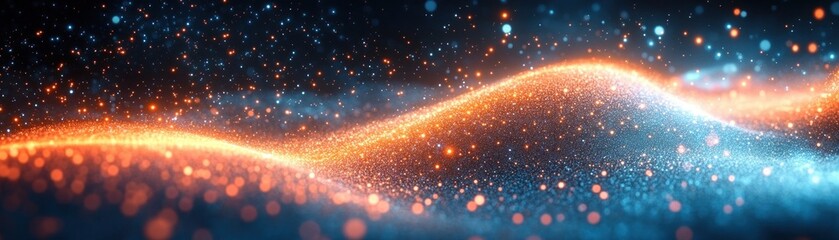 Obraz premium Glowing wave of vibrant orange and blue particles creating a sparkling landscape against a dark starry background, evoking a sense of wonder and cosmic beauty