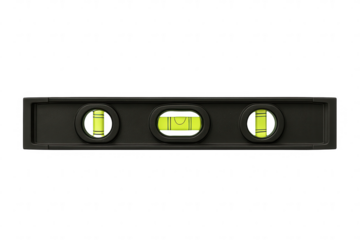 Black spirit level with three yellow-green vials on transparent background