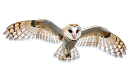 Barn Owl In Flight Against Black Background