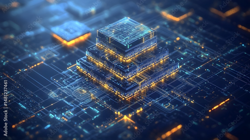 Aufkleber digital pyramid structure on intricate circuit board.