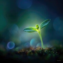 A tiny sprouting plant glowing with vibrant green hues and soft radiant light, super-resolution PNG