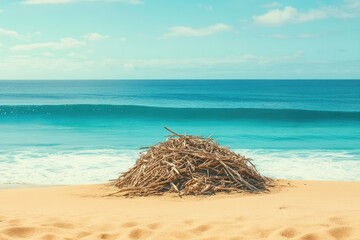 Dried seaweed and driftwood pile on a sunny beach.