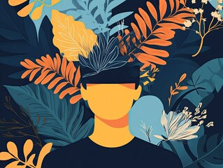 A vibrant illustration of a person surrounded by foliage.