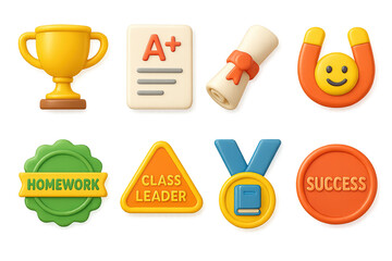 Education and achievement icons set – 3d, awards, academic success symbols