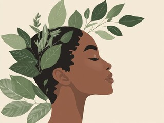 Profile of a woman with leaves adorning her head.
