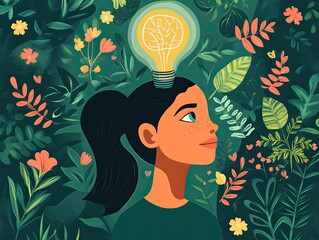 A young girl with a lightbulb brain, surrounded by nature, represents creativity.