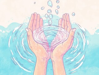 Gentle hands capture water droplets above a rippling surface.