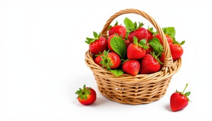 Freshly picked strawberries in a rustic basket outdoor setting food photography natural light close-up view