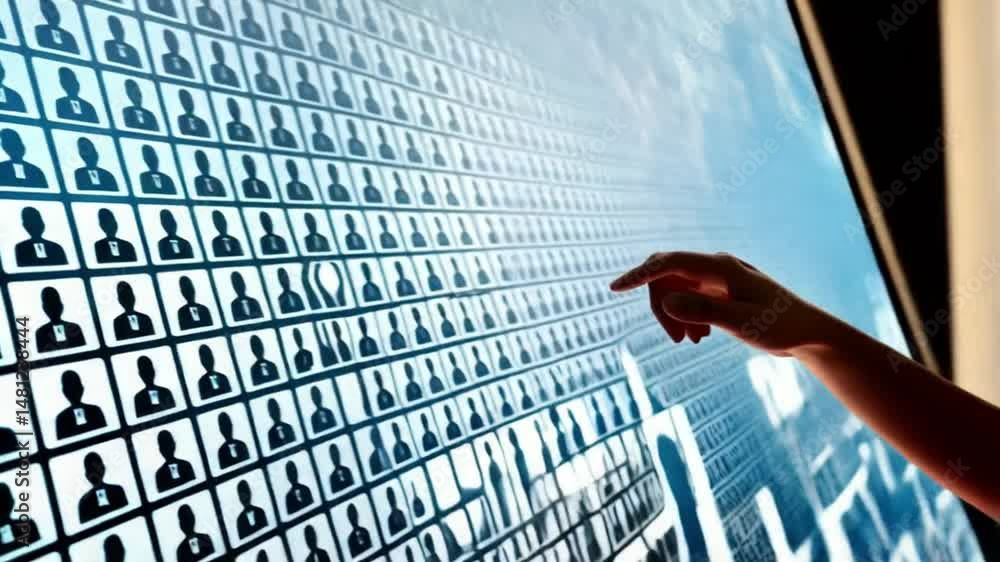 Poster A hand touching a screen displaying multiple profile icons in a blue and white color scheme design