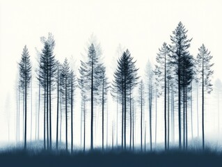 Misty forest scene with dark silhouettes of pines.