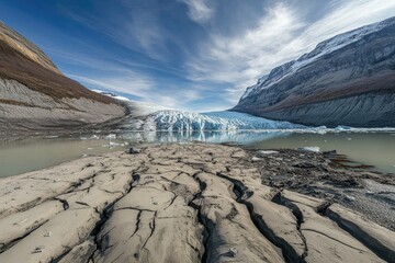 Glacial retreat reveals cracked earth at a tranquil arctic lake.