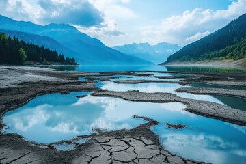 Mountain lake receding, revealing cracked earth.
