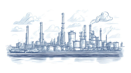 Obraz premium Hand-Drawn Industrial Refinery Landscape with Smoke Stacks under Cloudy Sky