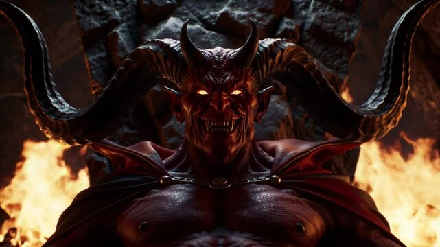 Demonic figure on dark throne with fire background