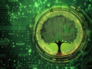 Sustainable technology illustrated by a circuit board tree.