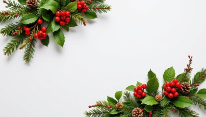 Festive holiday decoration with pine cones and berries studio setting floral arrangement minimalist style natural elements