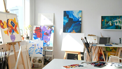 芸術スタジオ。抽象画と創作用具が揃った、明るく照らされた美術スタジオ。Art Studio. A brightly lit art studio with abstract paintings and creative supplies.