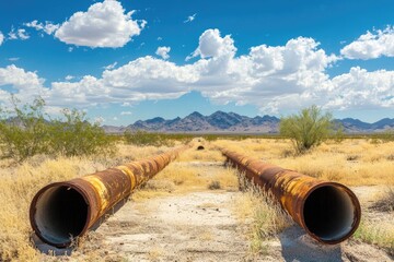 Rusty pipelines traverse a dry, arid landscape beneath a partly cloudy sky.
