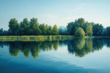 Calm lake reflecting lush green trees under a clear sky on a peaceful nature morning