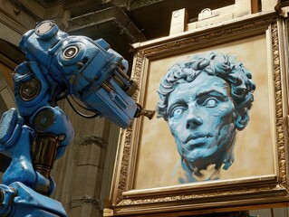 Robotic arm examines a painted antique bust.