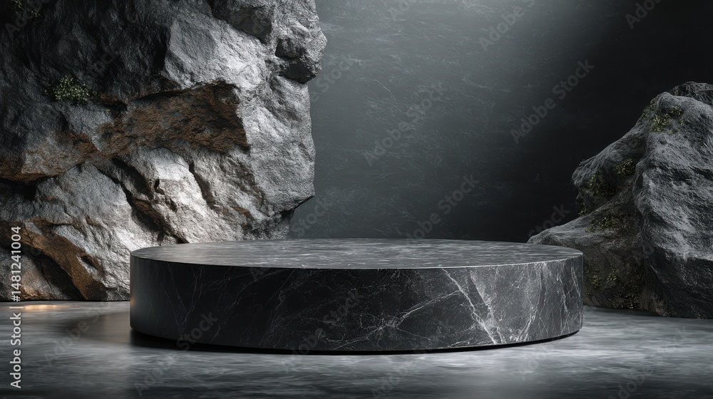 Poster a stunning image of empty black stone product display stage 3d background with rock podium stand dar