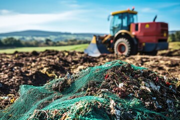Agricultural waste covered by netting in a rural field.