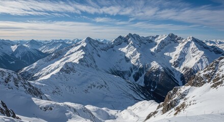Snowy mountain range implying natural beauty and winter adventure, under a bright blue sky