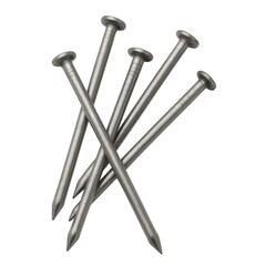Five metallic nails arranged diagonally on transparent background