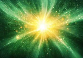 Fototapeta premium Bright yellow and green cosmic explosion with radiant light beams and scattered glowing particles in space